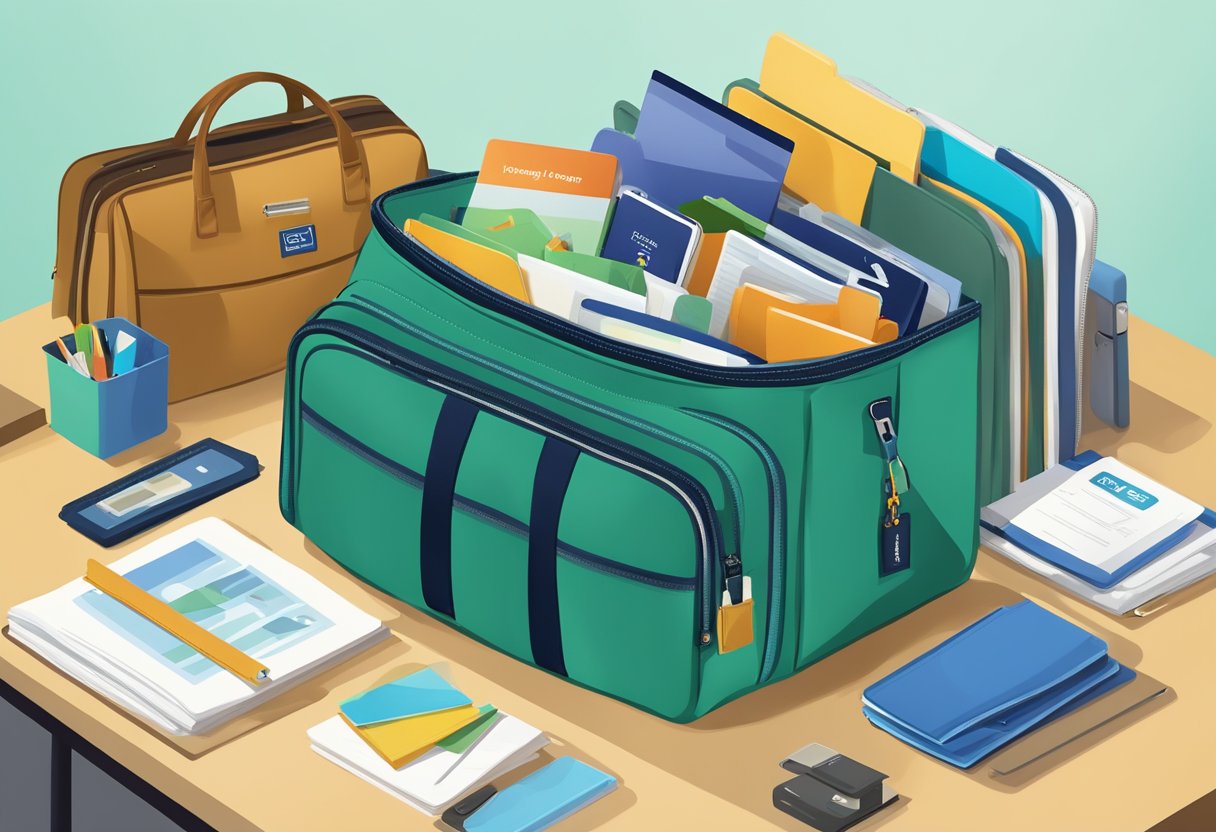 A travel organizer bag with "Frequently Asked Questions" logo sits on a desk, surrounded by corporate gift items