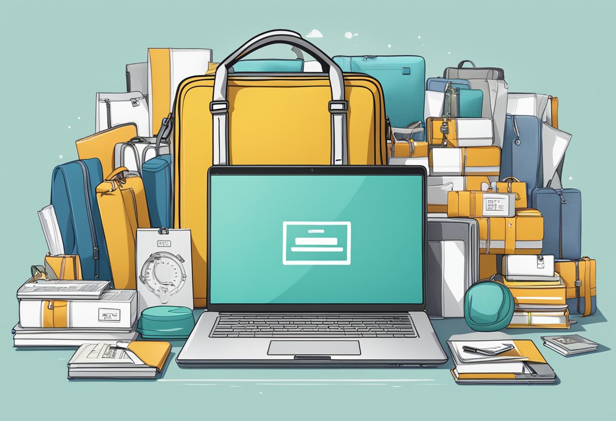 A laptop bag surrounded by corporate gifts, with a "Frequently Asked Questions" label on the front