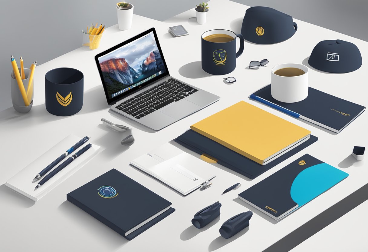 A table with branded corporate gifts: mugs, pens, and notebooks, displayed neatly. A company logo is visible on each item