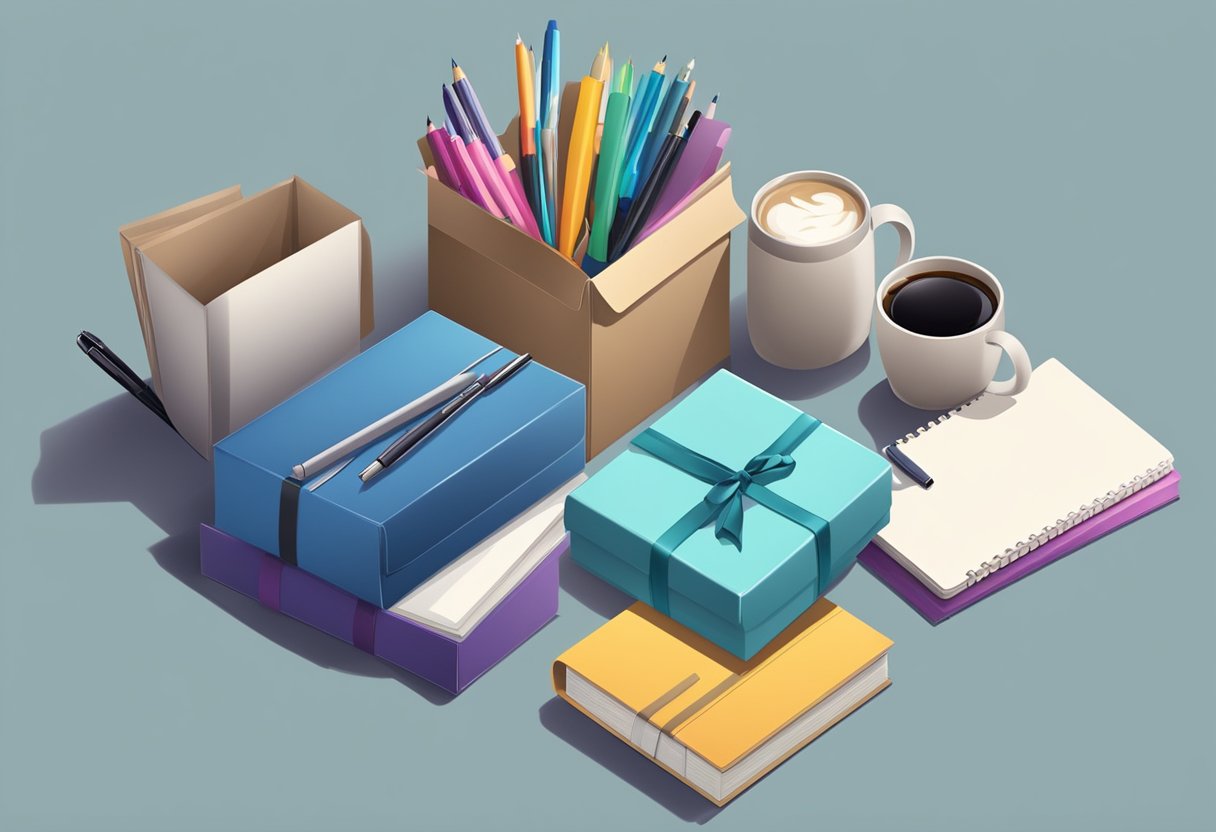 A beautifully wrapped gift box surrounded by various corporate items like notebooks, pens, and mugs, arranged in an organized and professional manner