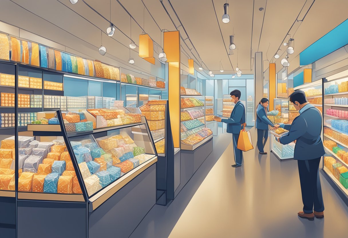 A person carefully choosing corporate gifts from a display of various items. Brightly lit, clean, and professional setting