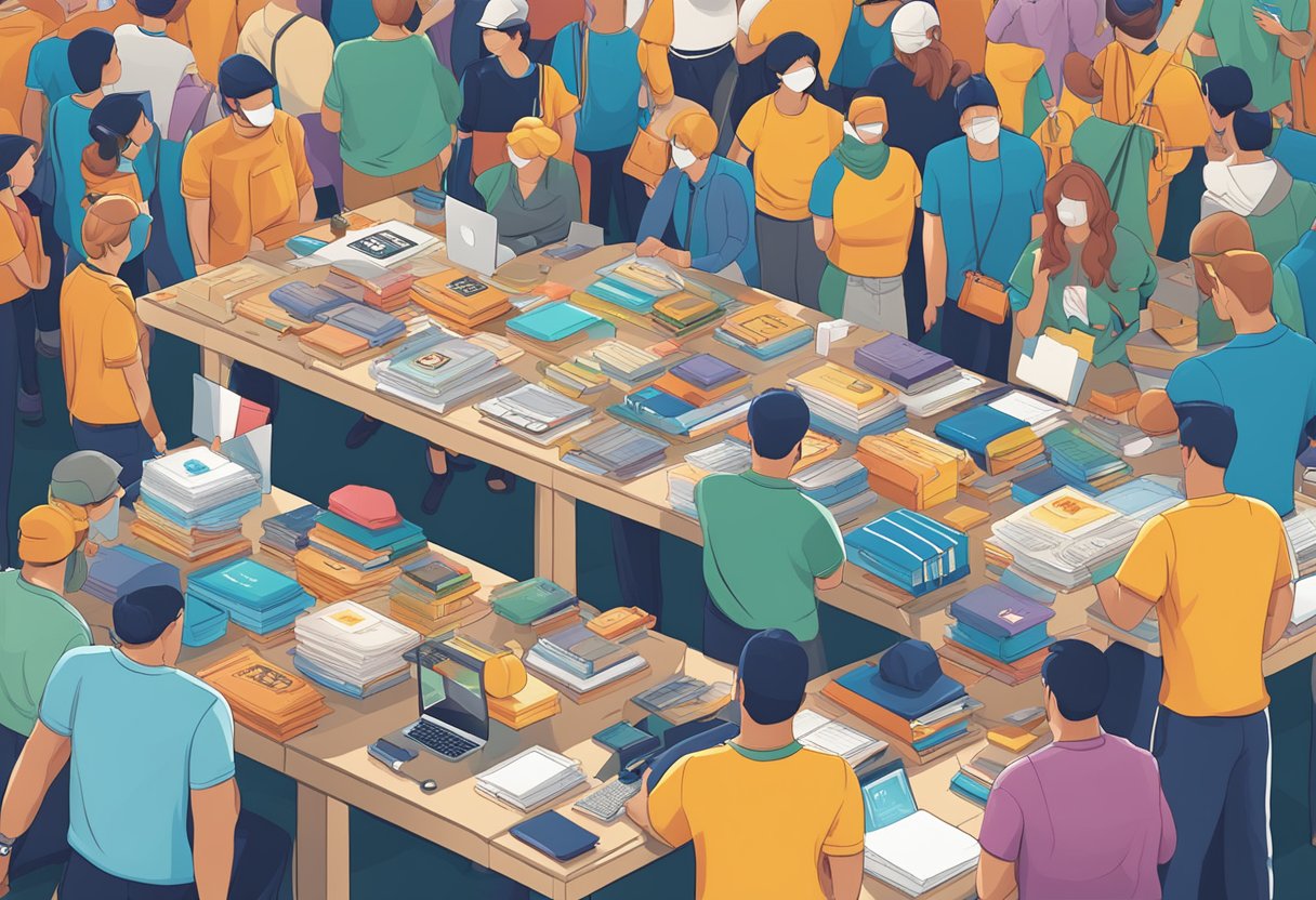 A table filled with branded merchandise, surrounded by people asking questions
