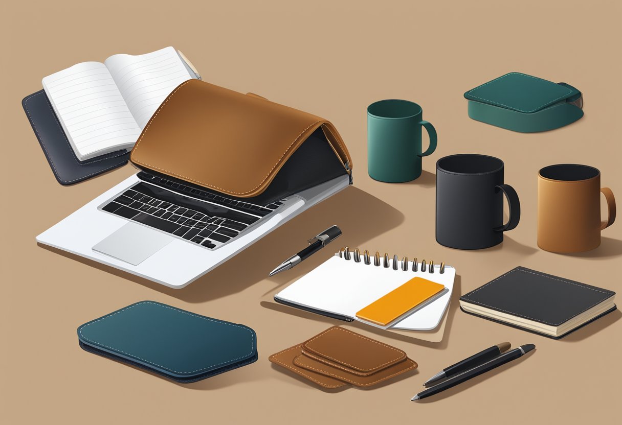 A sleek leather briefcase, a stylish leather notebook, and a set of leather coasters arranged on a modern desk