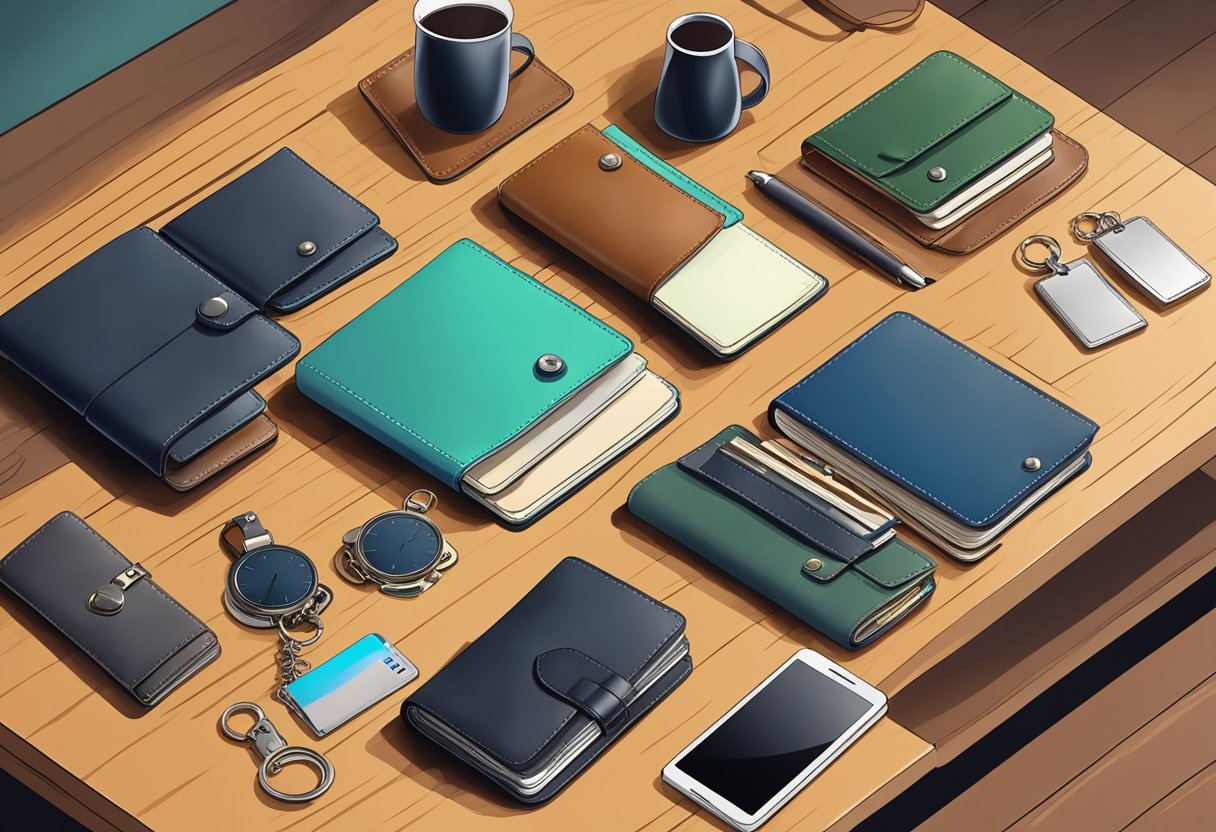 A hand reaches for a sleek leather notebook, while a row of leather wallets and keychains are neatly displayed on a polished wooden table
