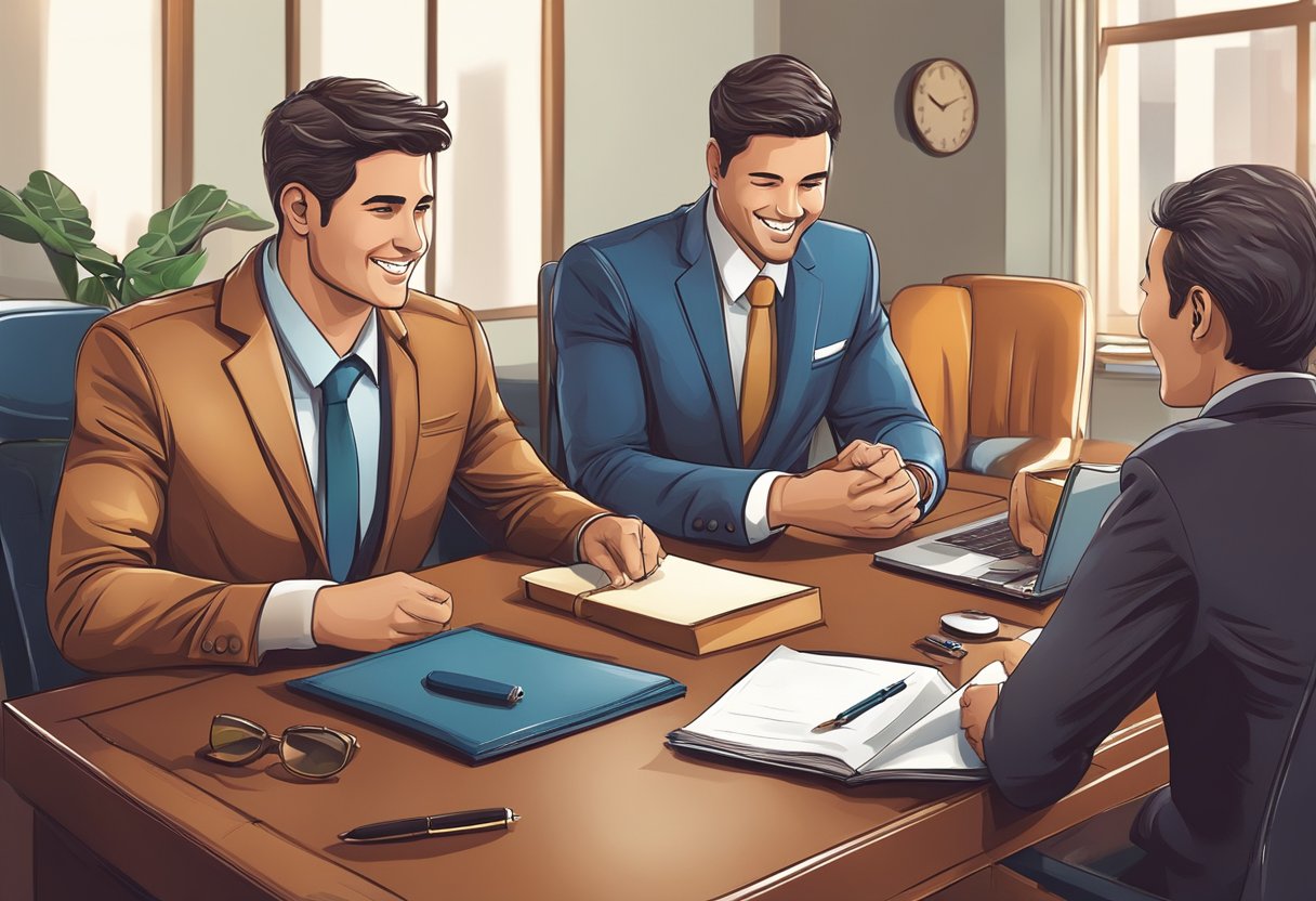 Business professionals exchange leather gifts, symbolizing appreciation and strengthening relationships. The scene includes a desk with leather items, a handshake, and smiling faces