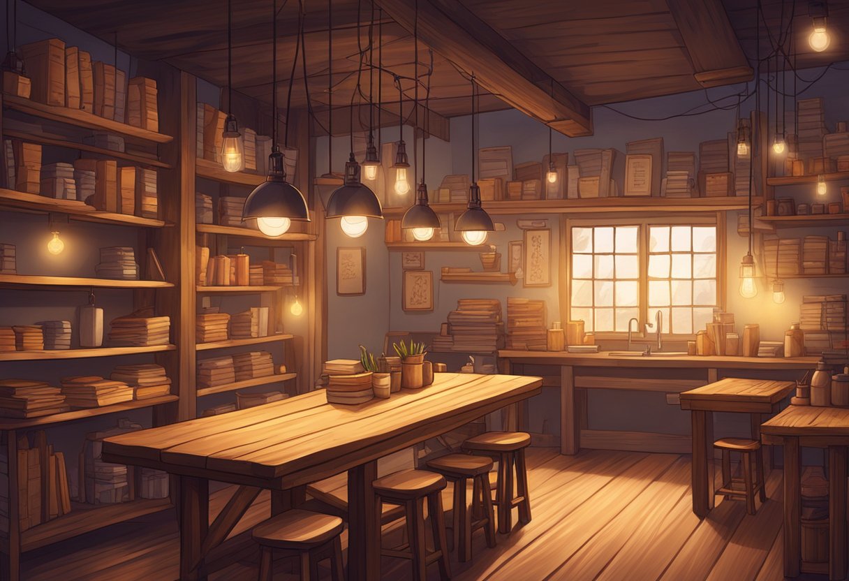 A cozy workshop with rustic wooden tables, shelves lined with handmade journals, and a warm glow from hanging Edison bulbs