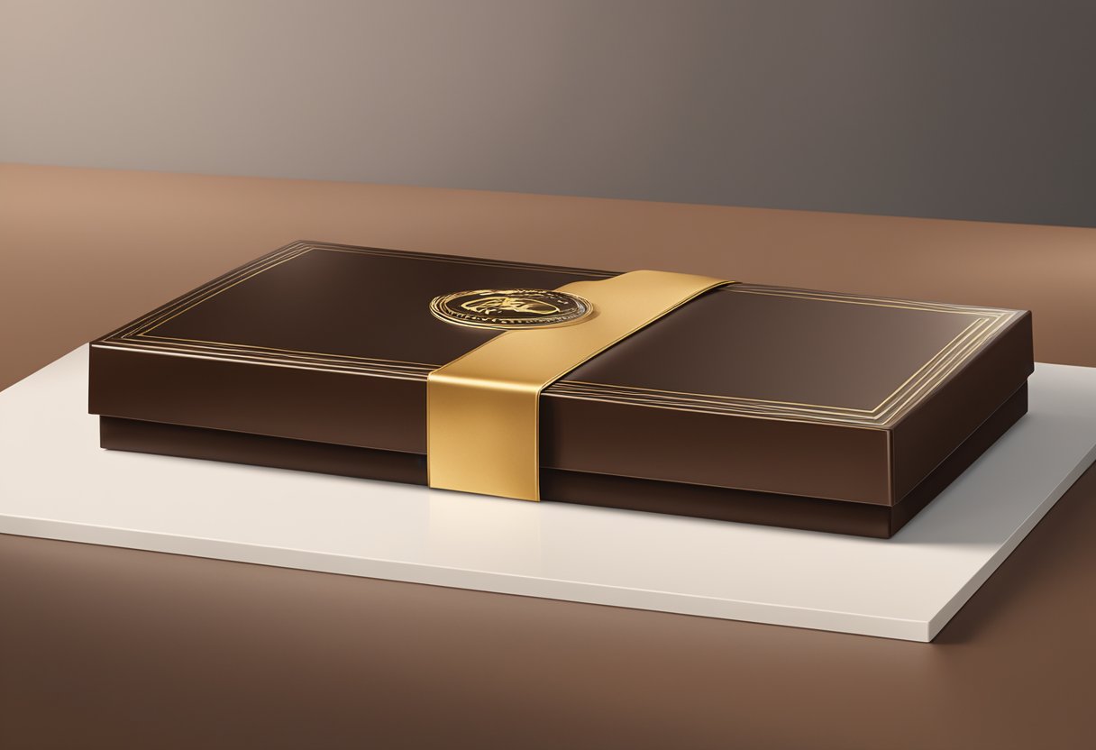 A luxurious chocolate gift box sits on a polished desk, adorned with a ribbon and corporate logo