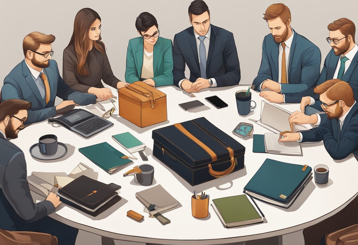 A table adorned with leather corporate gift items, surrounded by curious onlookers