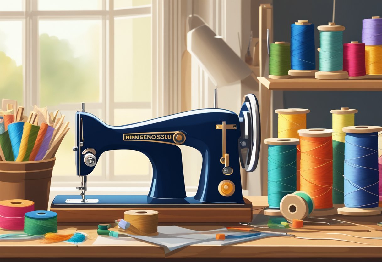 A canvas tote bag sits on a wooden table, surrounded by spools of colorful thread and a sewing machine. The room is filled with natural light, casting a soft glow on the scene
