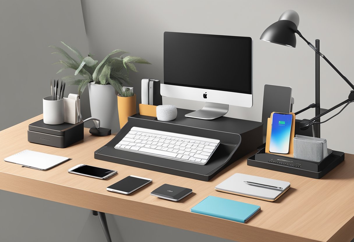 A sleek desk organizer holds branded tech accessories, elegant notebooks, and a gourmet gift basket, all displayed on a modern office desk