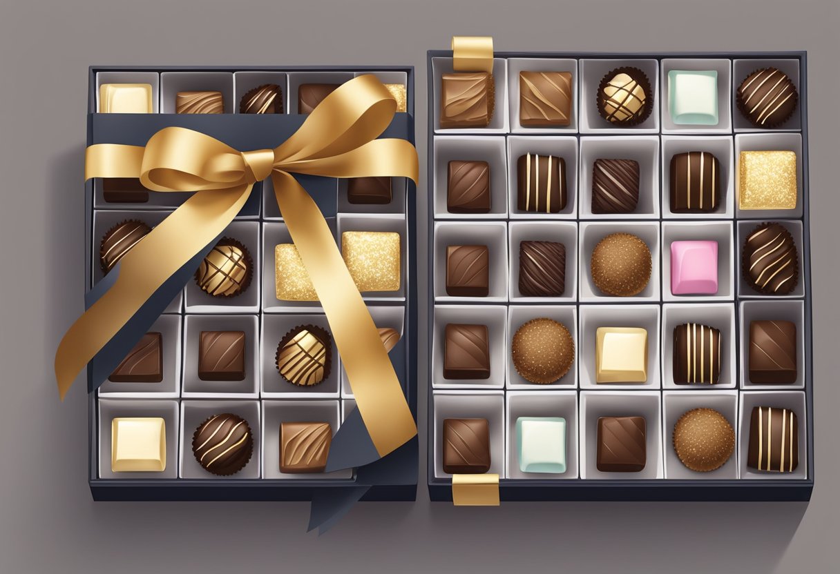 A hand reaches for a box of assorted chocolates, neatly arranged on a sleek, modern display. A golden ribbon adds a touch of elegance to the gift
