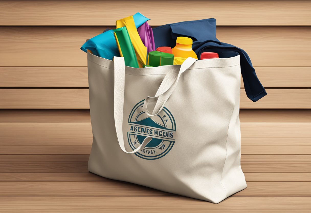 A stack of canvas tote bags sits on a wooden table, with a supplier logo visible. The bags are plain, with sturdy handles and a clean, simple design