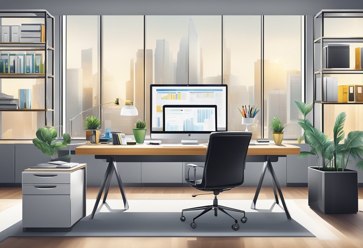 A sleek modern office desk with a variety of high-quality corporate gifts displayed in an organized and appealing manner