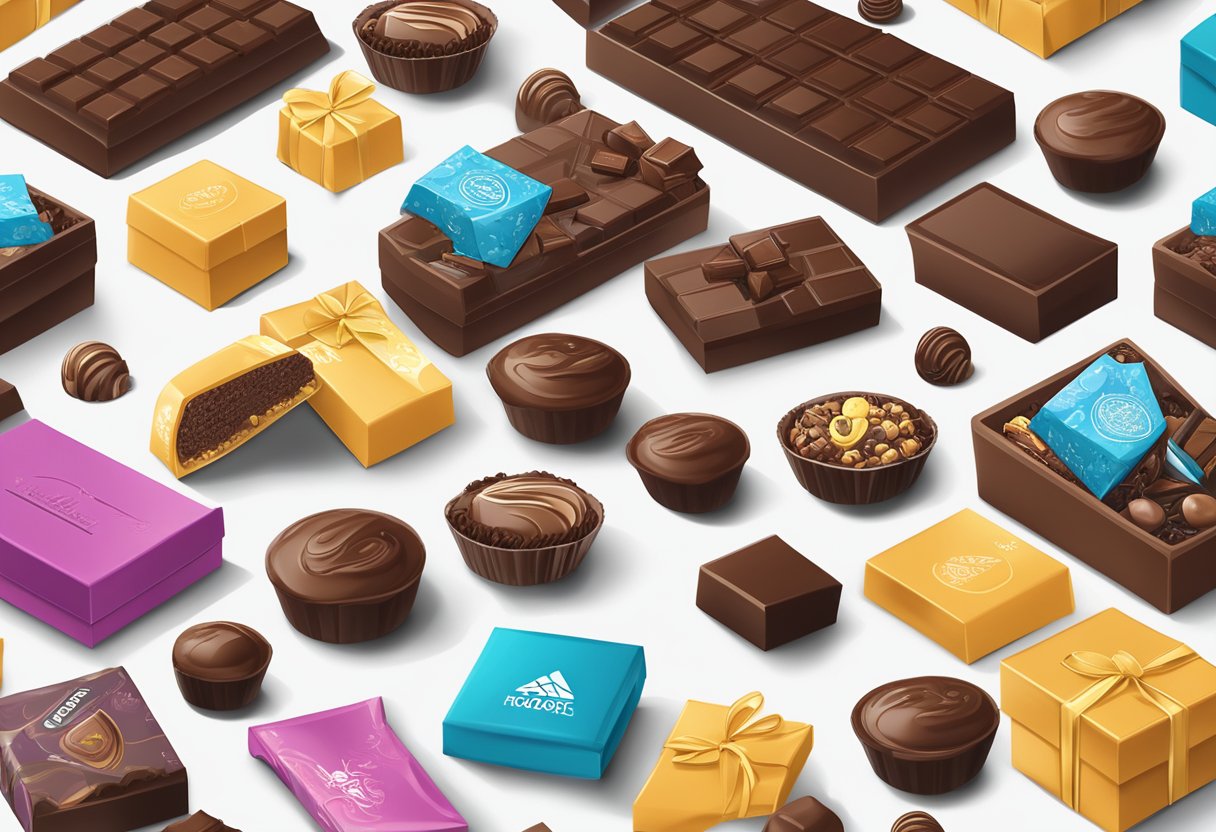 A table displays branded chocolate gifts, surrounded by corporate logos and promotional materials