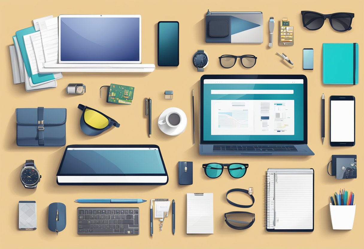 A table with a variety of unique corporate gifts, including tech gadgets, personalized items, and stylish office accessories