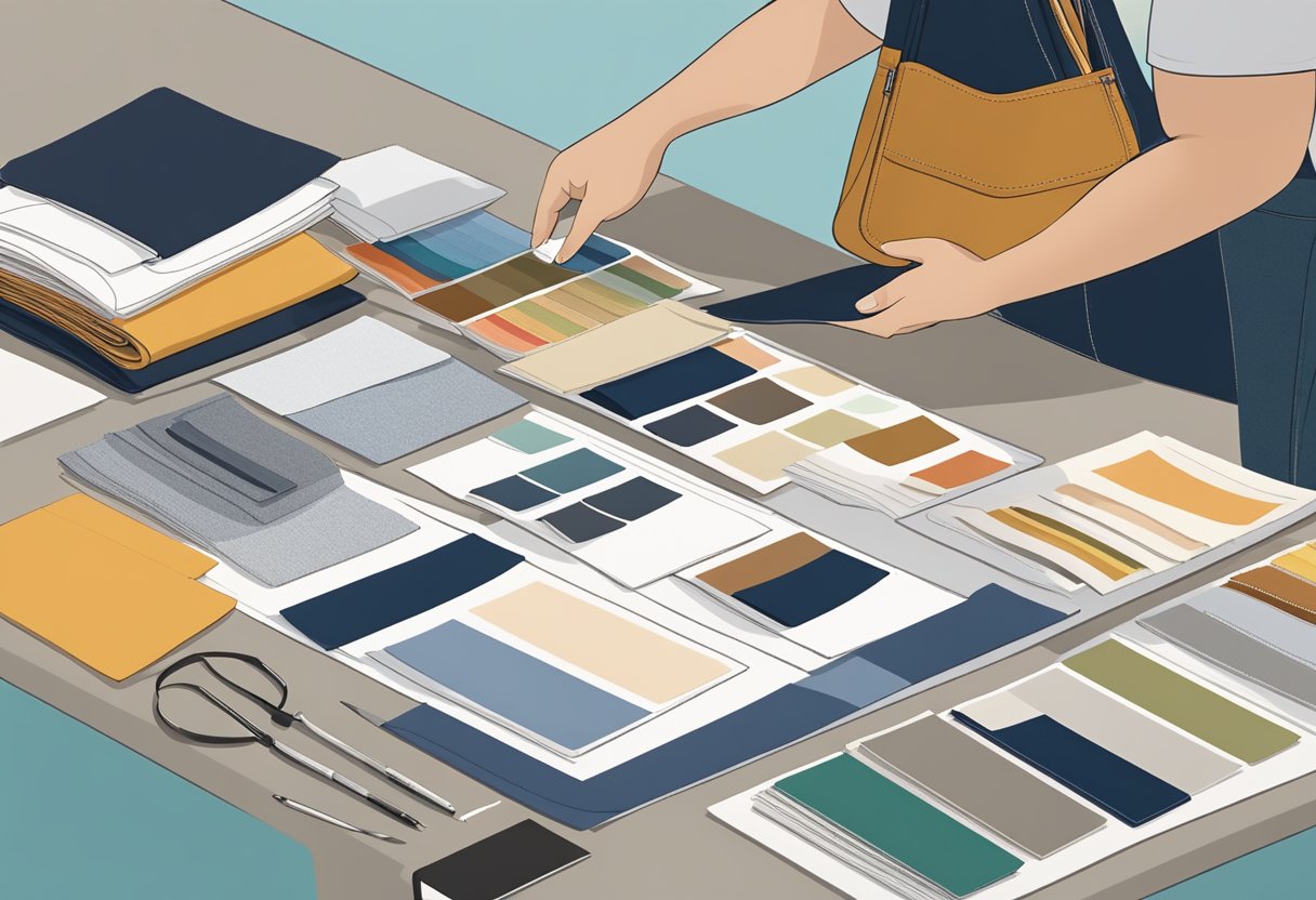 A person comparing canvas tote bag samples from different suppliers on a table with various fabric swatches and product catalogs spread out
