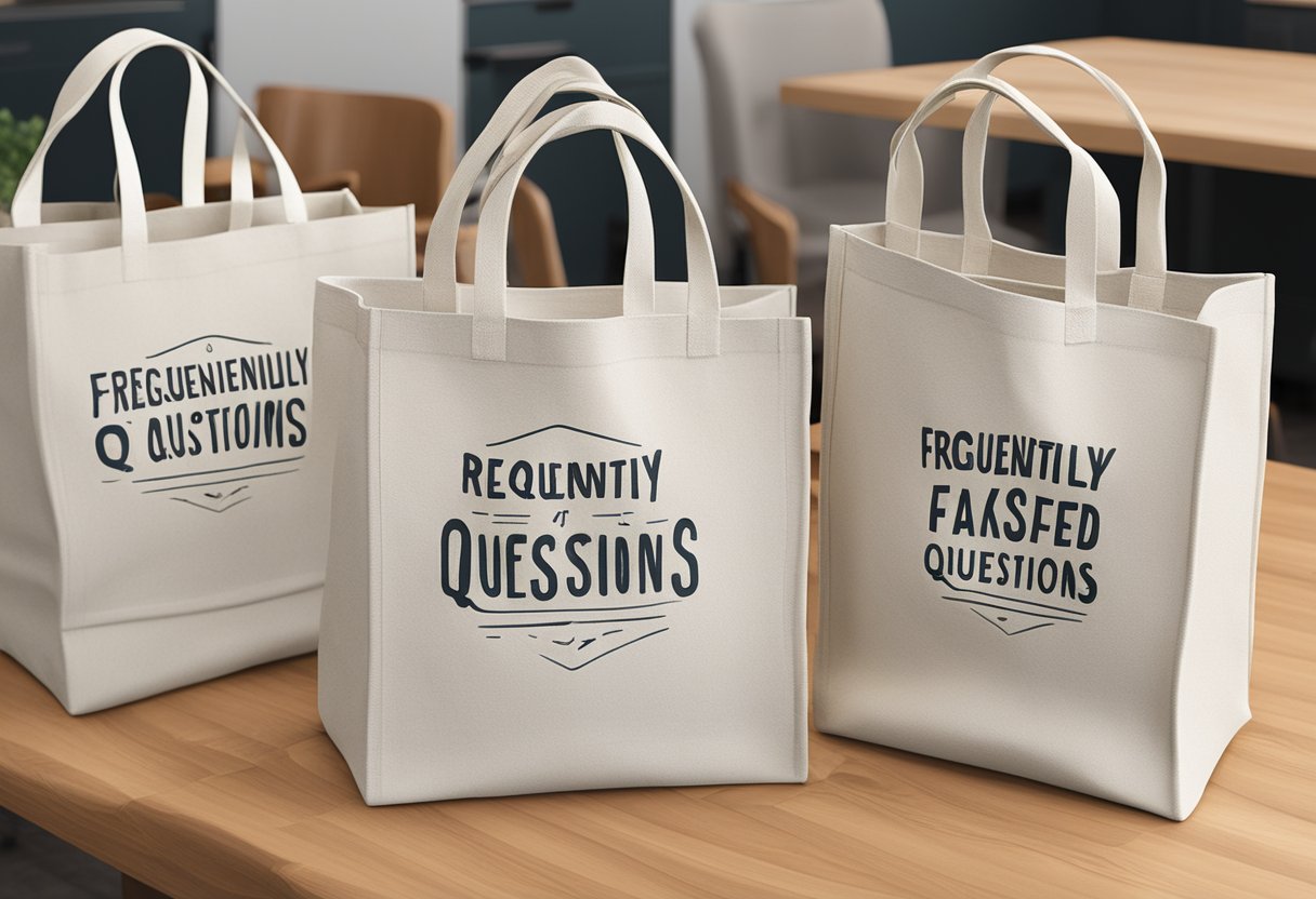 A stack of canvas tote bags with "Frequently Asked Questions" printed on them, displayed on a table at a supplier's workshop