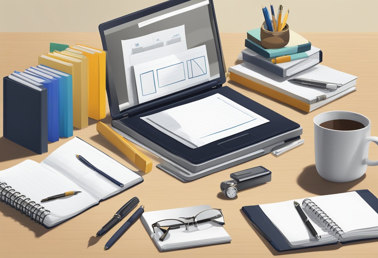 A table with various corporate gift items, such as branded notebooks, custom tumblers, and luxury pens, displayed neatly with a "Frequently Asked Questions" sign nearby
