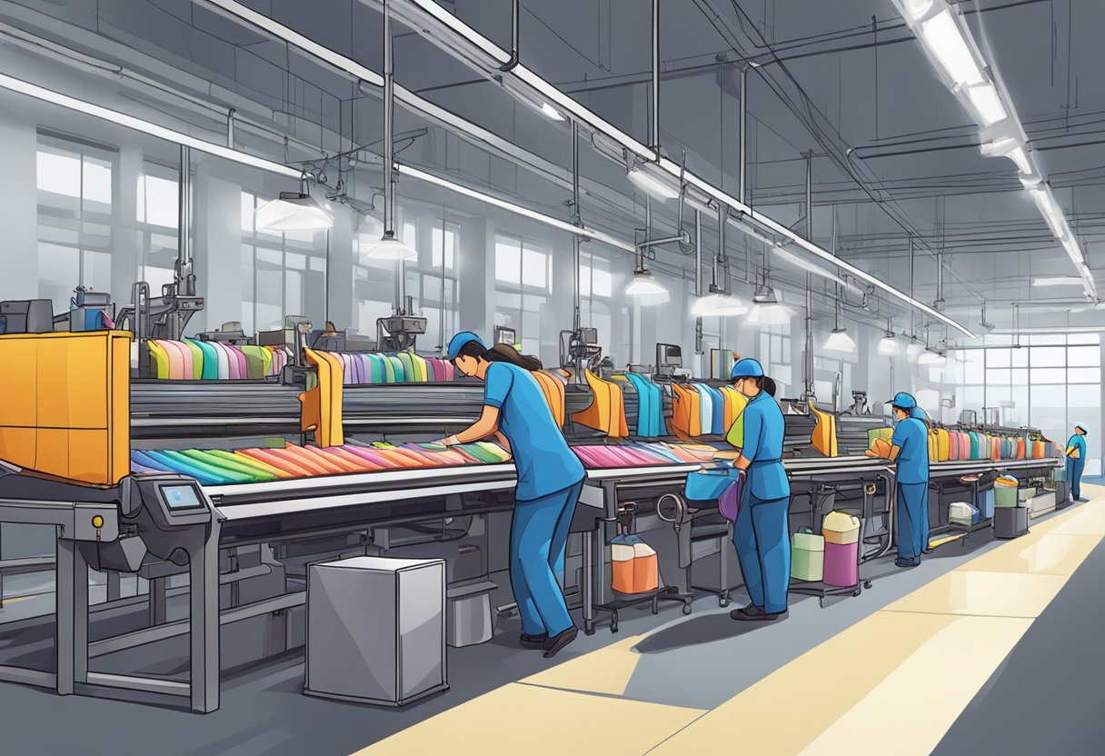 A busy tote bag factory with workers sewing, printing, and packaging colorful bags on conveyor belts
