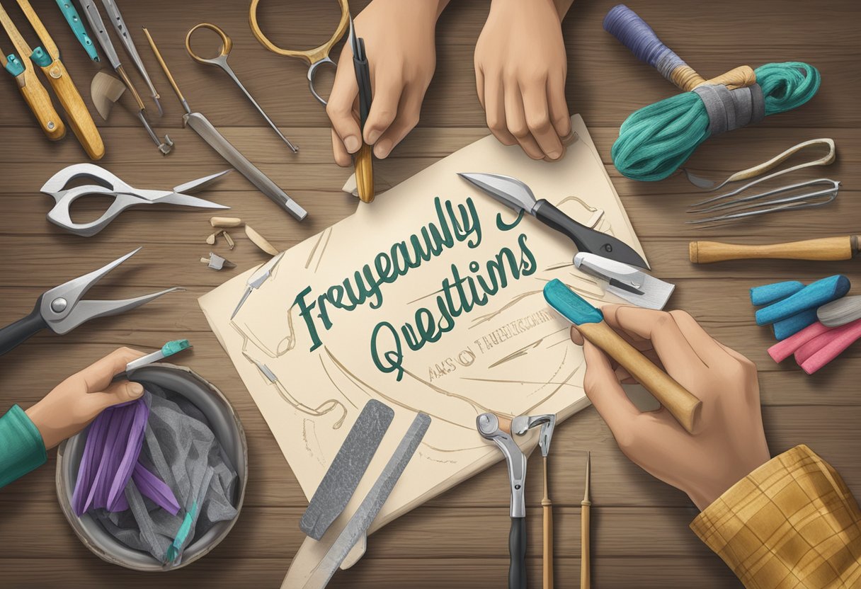 An artisan's hands crafting, with tools and materials around, a sign reading "Frequently Asked Questions."