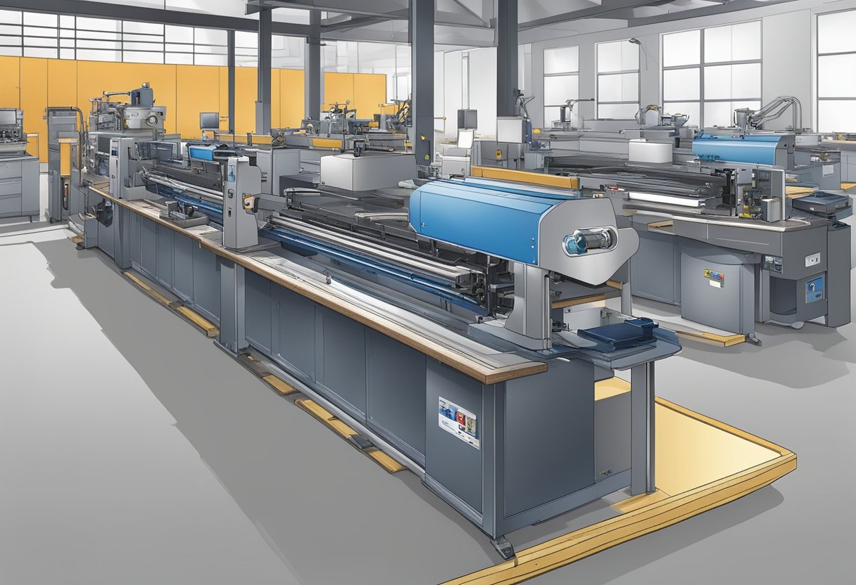 Machines fabricate tote bags, cutting and sewing materials, adding logos, and quality checking finished products