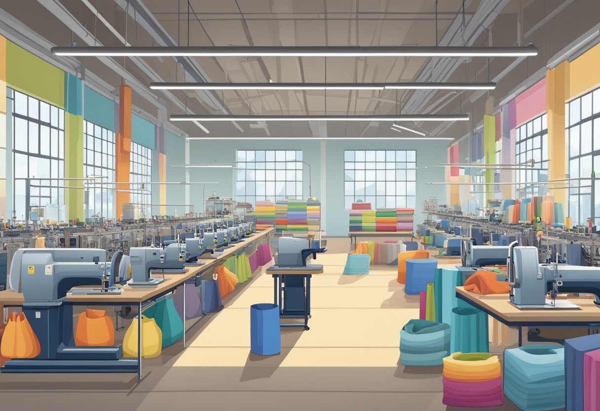 A tote bag manufacturer operates industrial sewing machines in a spacious, well-lit factory, surrounded by rolls of colorful fabric and shelves of finished products