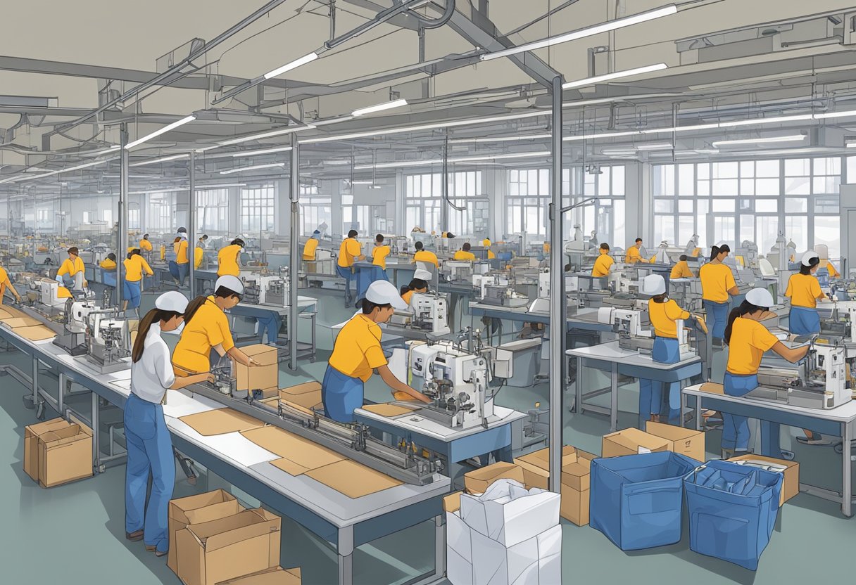A busy factory floor with workers operating sewing machines, printing designs, and packing finished tote bags into boxes
