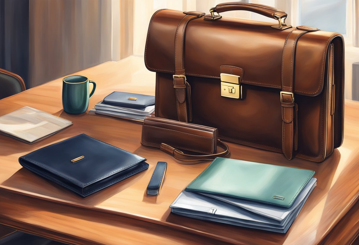A sleek leather briefcase and matching wallet sit on a mahogany desk, bathed in soft natural light. The rich texture and craftsmanship of the gifts exude luxury and sophistication