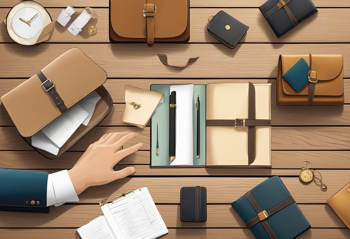 A hand reaches for a selection of premium leather gifts displayed on a polished wooden table for corporate needs