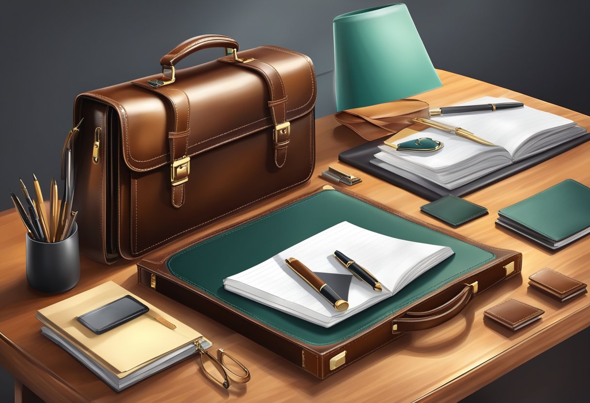 A luxurious leather briefcase and a set of elegant leather desk accessories displayed on a polished wooden desk in a modern office setting