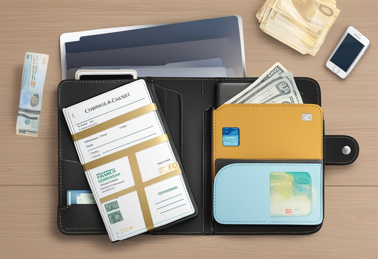 A sleek travel wallet sits on a desk, branded with a corporate logo. It is filled with boarding passes, currency, and travel documents