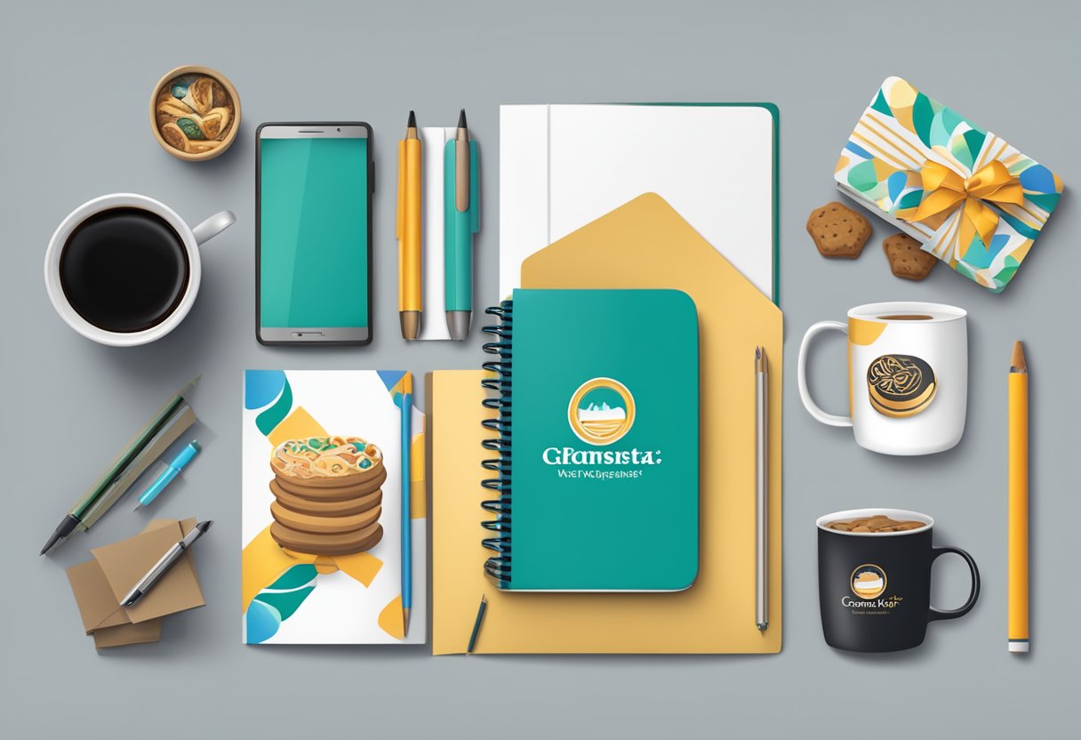 A table with branded merchandise like pens, notebooks, and mugs. A logo prominently displayed. A gift basket with gourmet treats and a thank you card