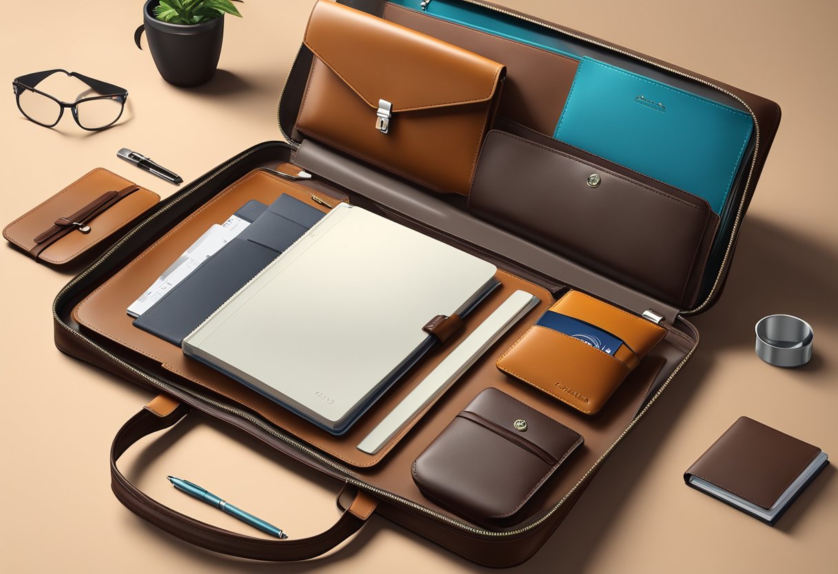 A sleek leather briefcase, embossed with a company logo, sits open on a polished desk. A set of elegant leather accessories, such as a wallet and notebook, are neatly arranged inside