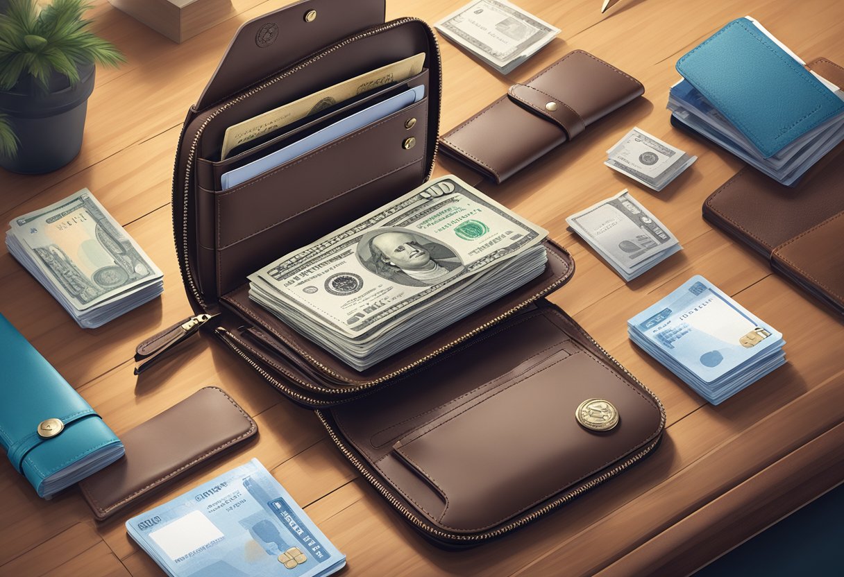 A sleek, leather travel wallet sits atop a polished desk, embossed with a company logo. It is surrounded by passport, boarding pass, and currency, ready for a corporate gifting scene