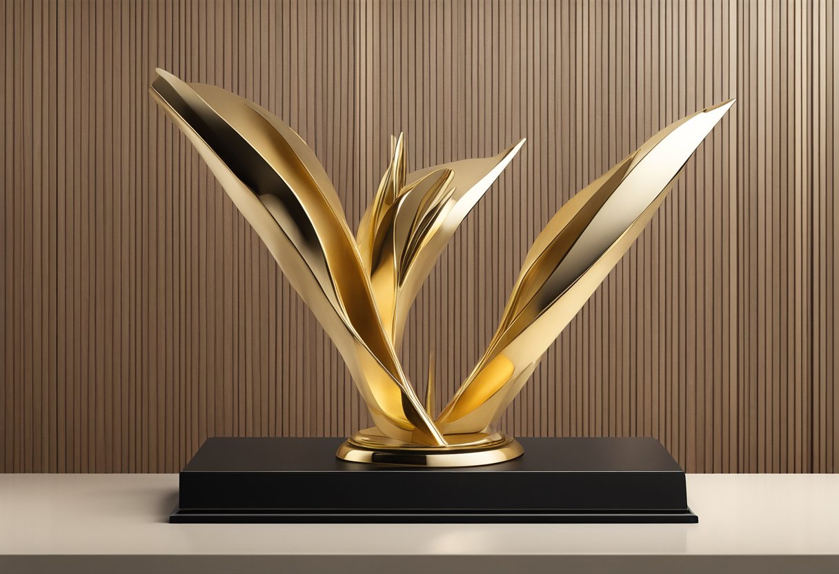 A sleek, elegant sculpture adorned with gold accents sits atop a polished wooden base. It exudes luxury and sophistication, making it the perfect corporate gift