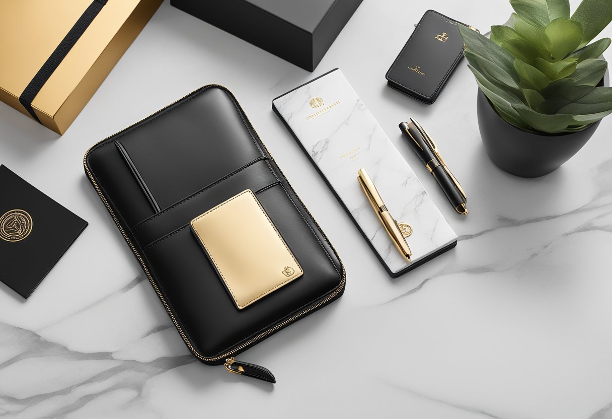 A sleek black travel wallet with gold accents sits on a marble table next to a branded corporate gift box and a matching pen