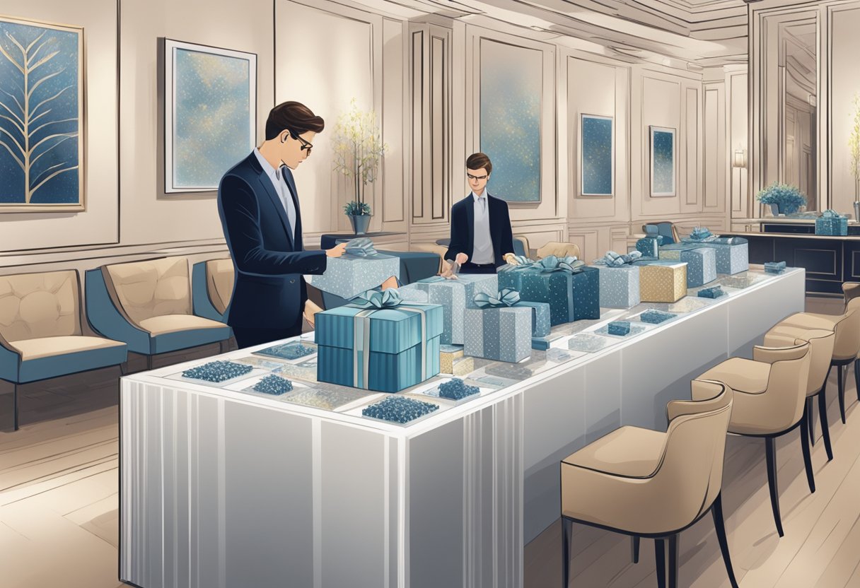 A person carefully chooses from an array of elegant corporate gift options displayed on a table. The room is filled with luxurious and professional ambiance