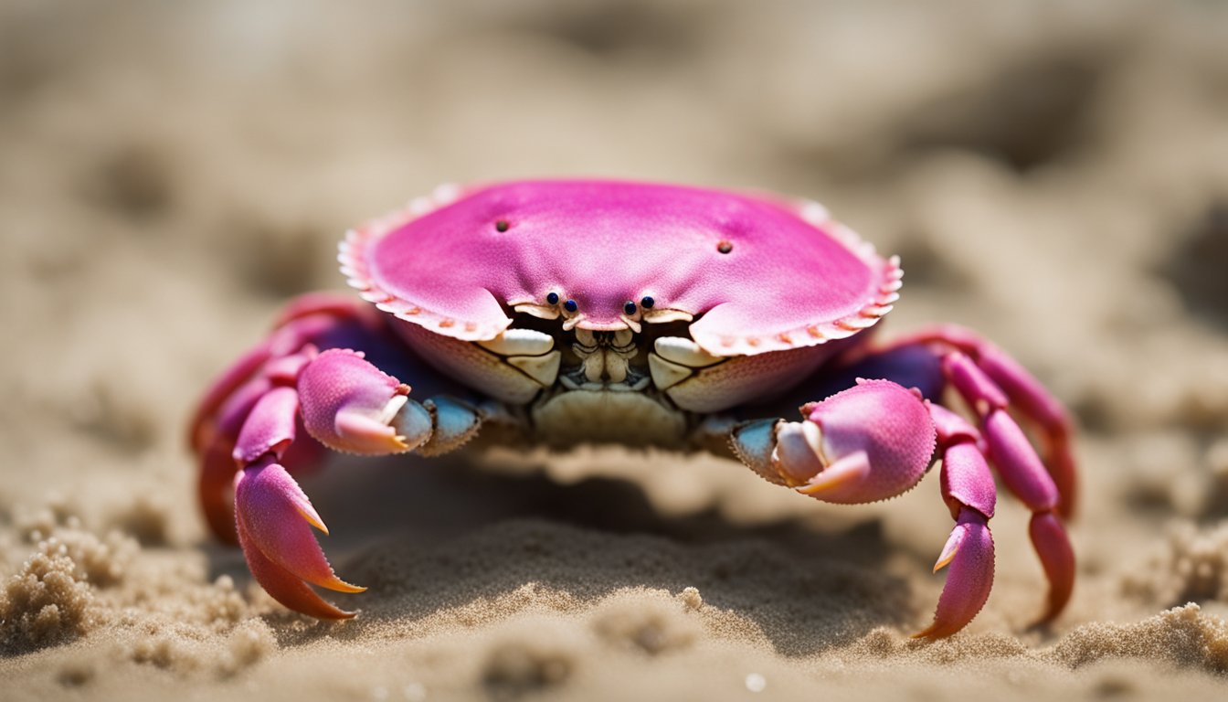 A pink crab scuttles across the sandy ocean floor, its vibrant color standing out against the muted tones of the sea bed