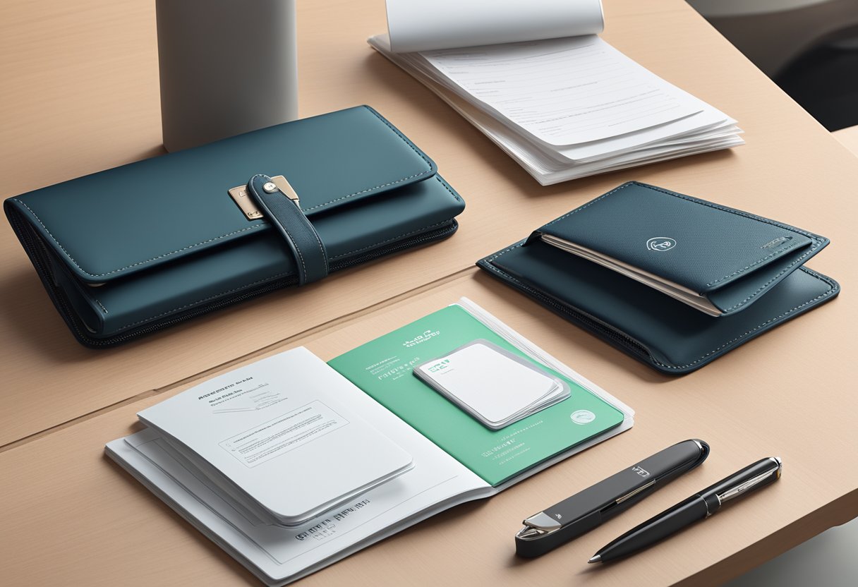 A sleek, modern travel wallet sits on a desk, embossed with the company logo. It is surrounded by a stack of neatly organized FAQ pamphlets