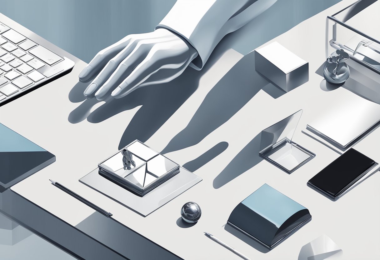 A hand reaches for a sleek, modern luxury sculpture on a polished desk, surrounded by elegant corporate gifts
