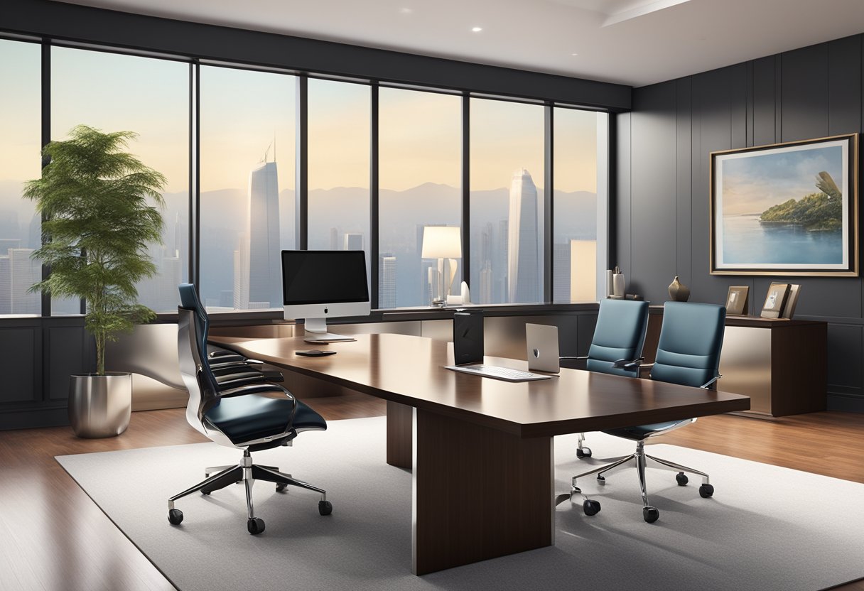 A sleek, modern office setting with a display of luxurious, customized corporate gifts arranged on a polished conference table