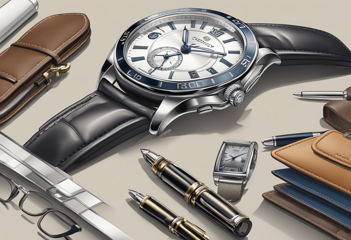 A table displaying luxury items like watches, pens, and leather goods with a company logo prominently featured