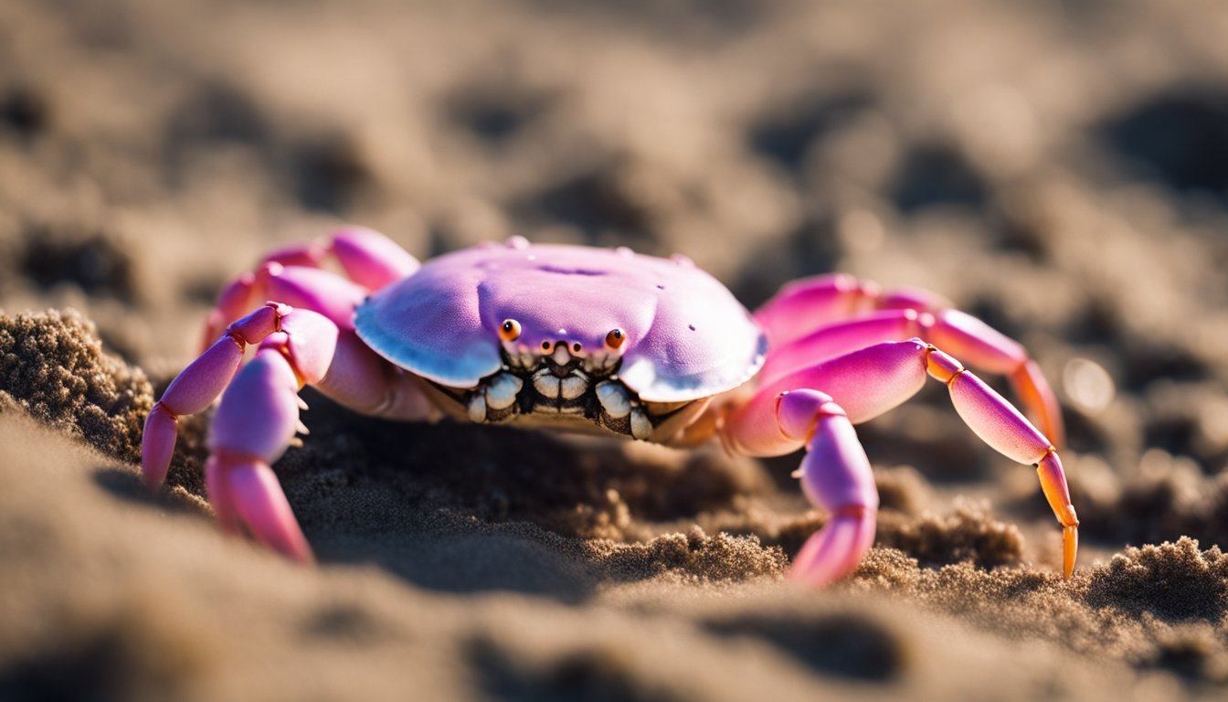 A pink crab with distinctive markings scuttles along the sandy ocean floor, its claws raised in a defensive posture