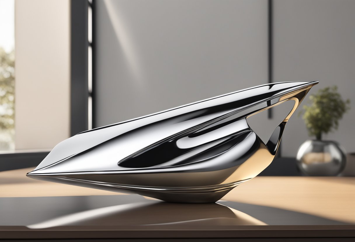 A sleek, modern sculpture sits on a polished desk, catching the light with its metallic finish. It exudes luxury and sophistication, making it the perfect corporate gift
