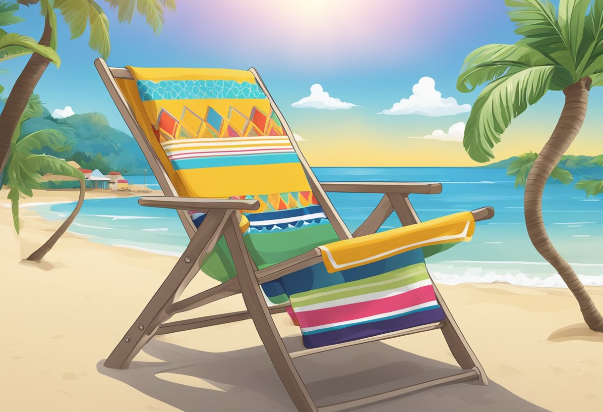 A customised towel hangs on a beach chair, with a bright pattern and the owner's name embroidered on it