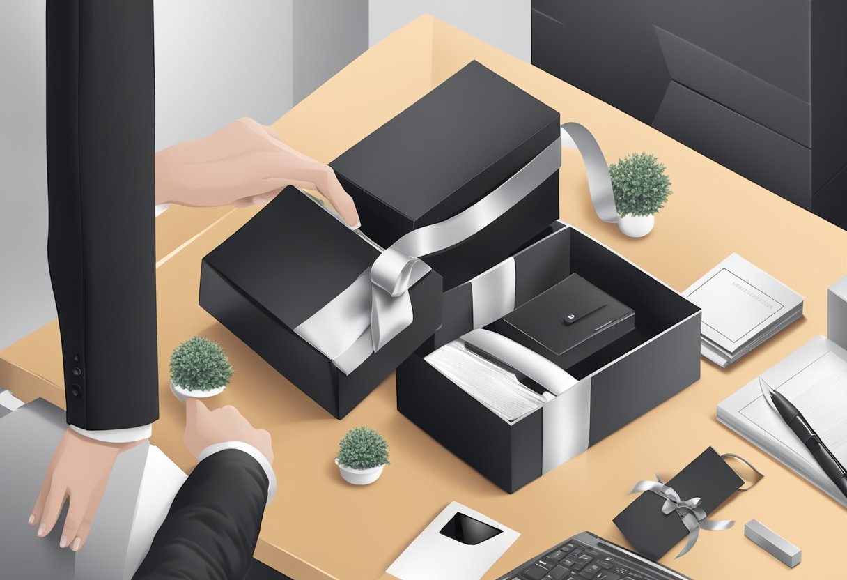 A hand reaches for a sleek, black gift box with a silver ribbon, surrounded by luxurious office decor and branding materials