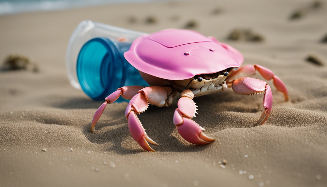 A pink crab scuttles across a sandy beach, pausing to inspect a discarded plastic bottle. Nearby, a group of people engage in a beach cleanup, collecting trash and smiling as they work