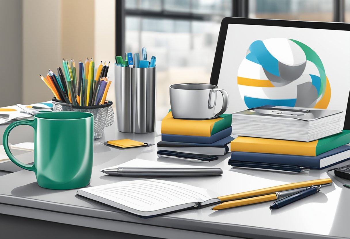A table displays branded merchandise: pens, notebooks, and mugs. A logo-adorned gift basket sits nearby. The office environment is professional and sleek