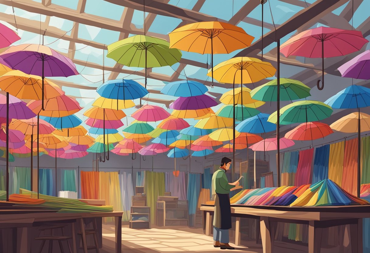An umbrella maker carefully stitches together colorful fabric panels, while rows of finished umbrellas hang overhead in the cozy workshop