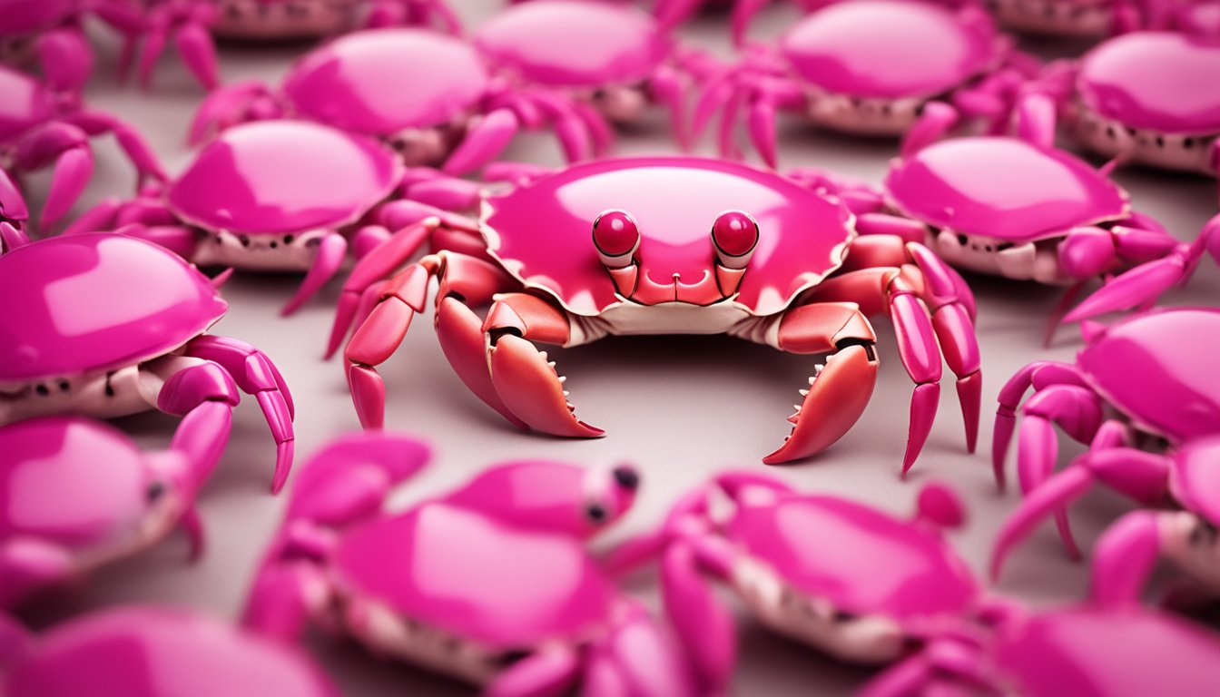 A pink crab with a curious expression surrounded by a circle of question marks